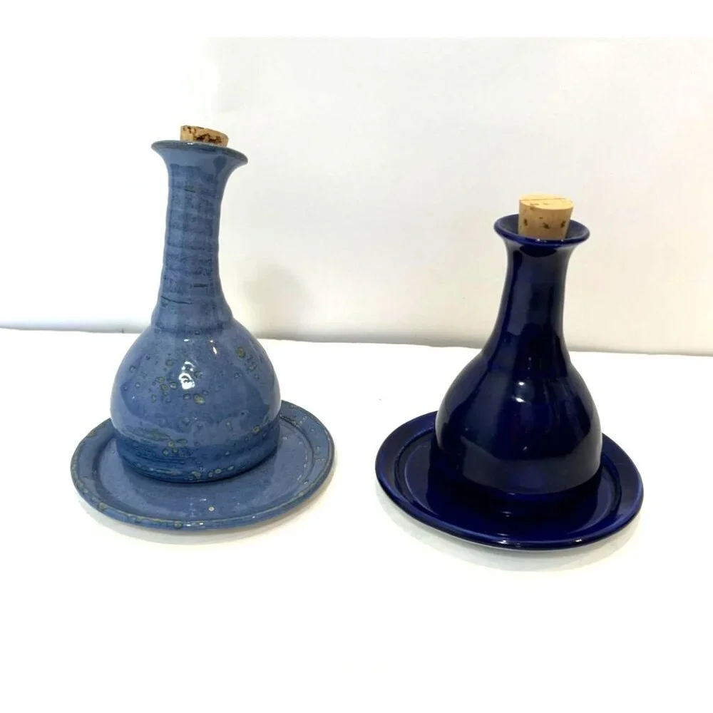 Kazooti Clay Studios Oil Vinegar Cruet Bottle Set With Corks & Matching Plates